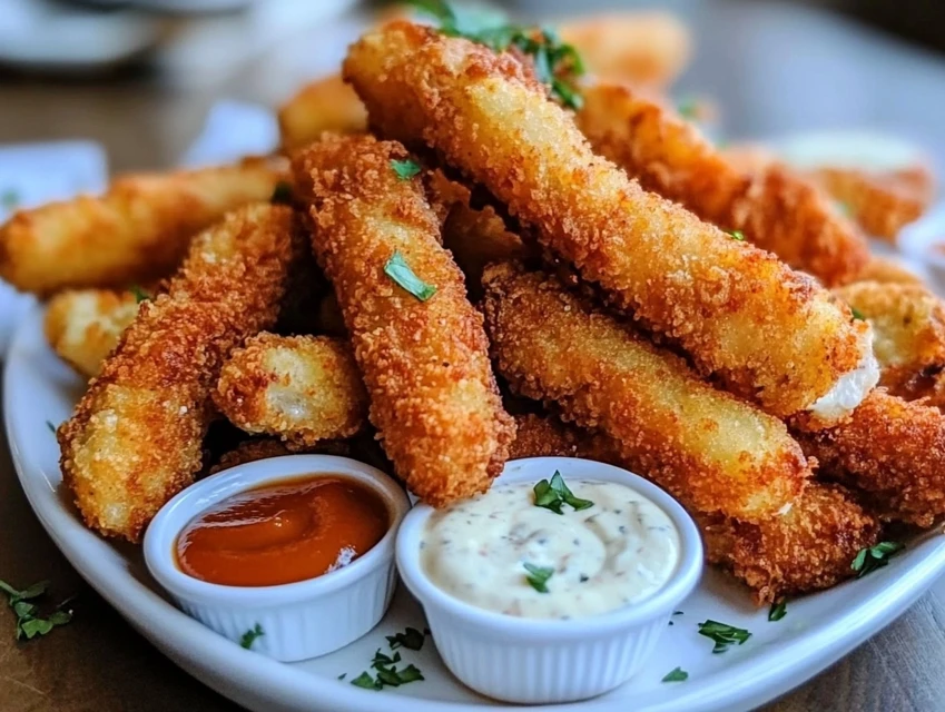 Golden, crispy chicken fries served with ranch, honey mustard, and ketchup for a delicious snack or meal.