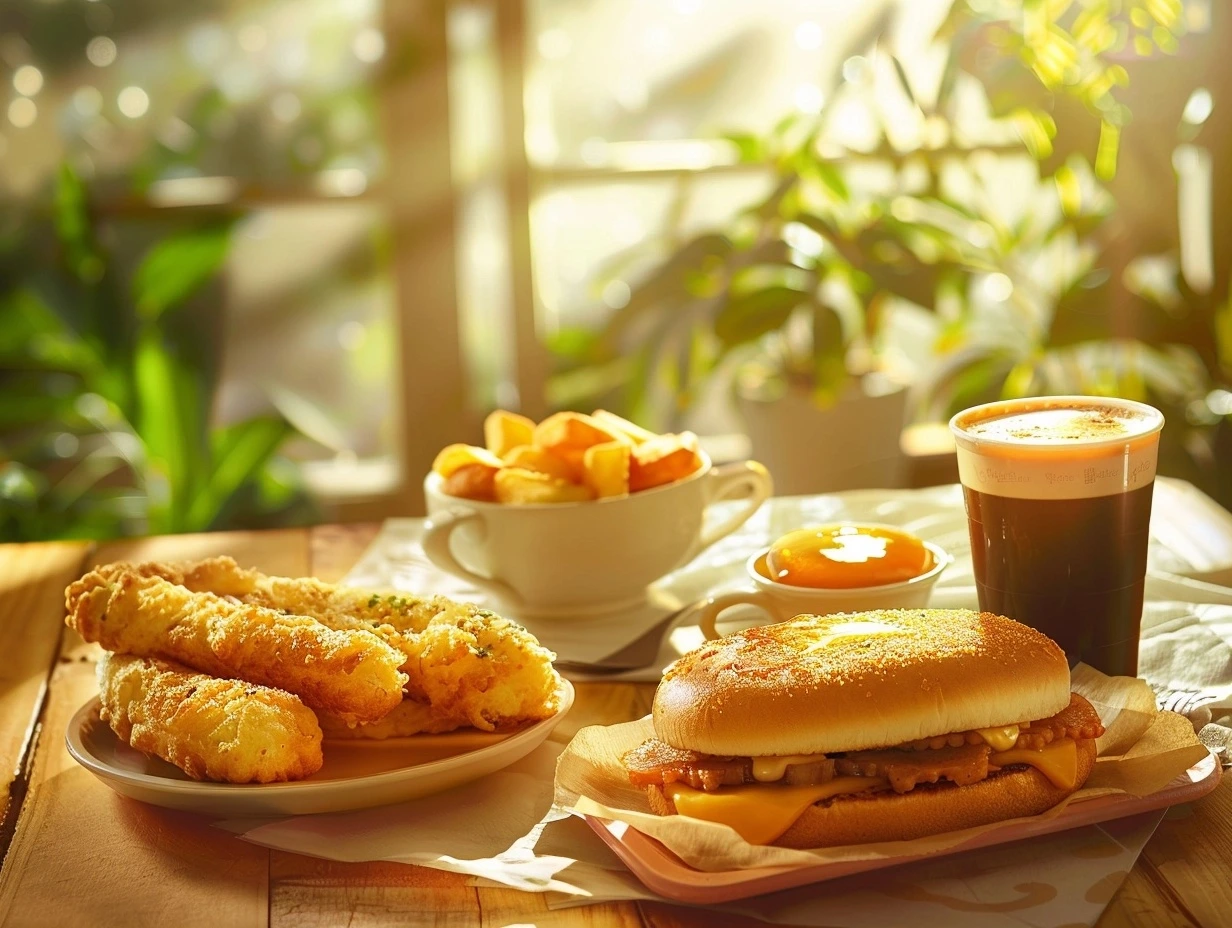 A Burger King breakfast spread featuring Croissan’wich, hash browns, and coffee on a sunny table.