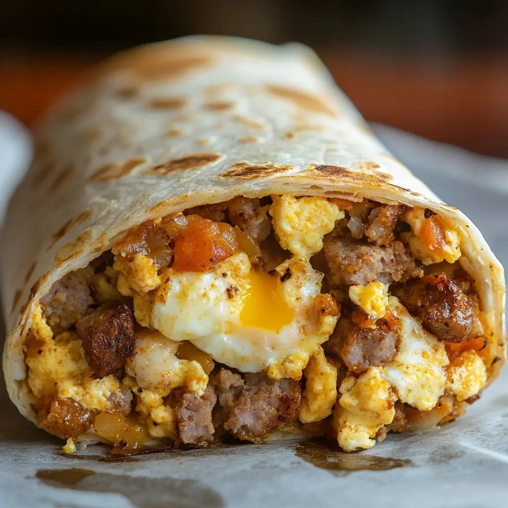 Egg-Normous Burrito filled with eggs, cheese, hash browns, and sausage.