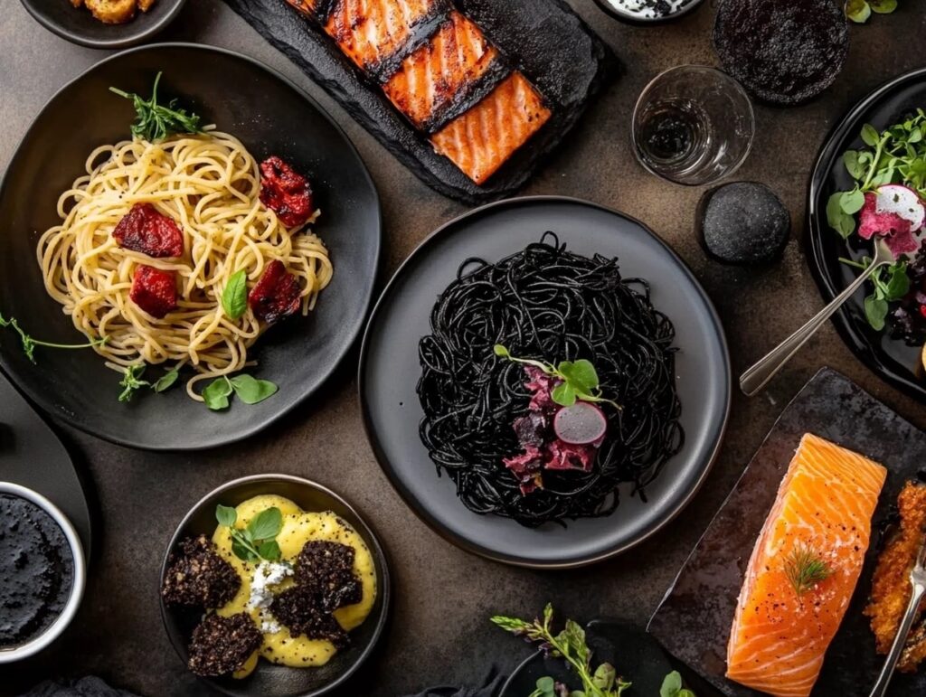 A table with black-themed foods like squid ink pasta, blackened salmon, and black forest cake.