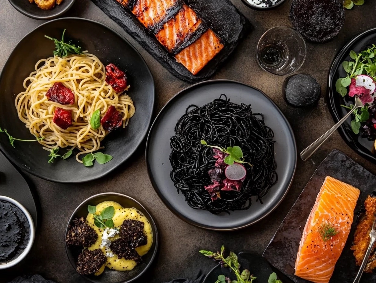 A table with black-themed foods like squid ink pasta, blackened salmon, and black forest cake.