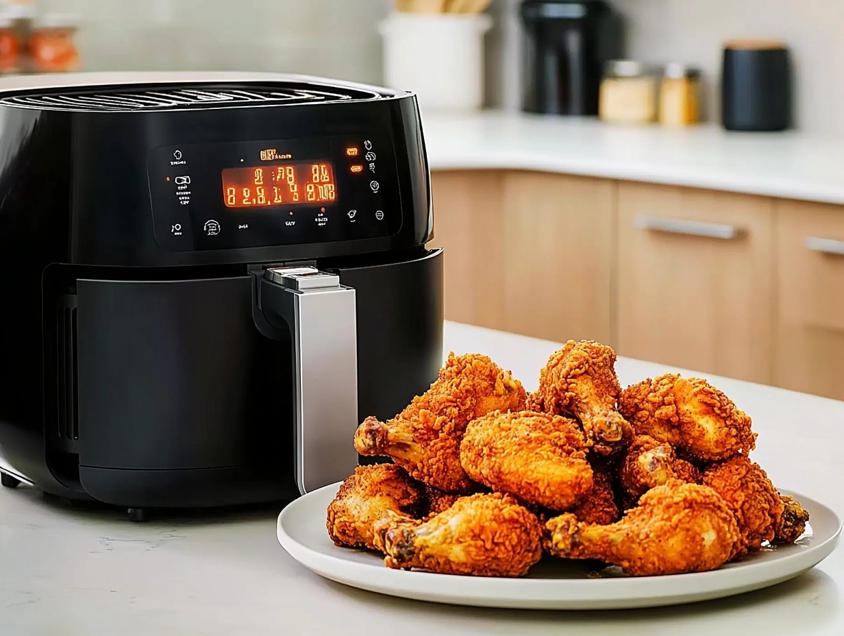 Air fryer on a kitchen countertop with crispy fried chicken on a plate