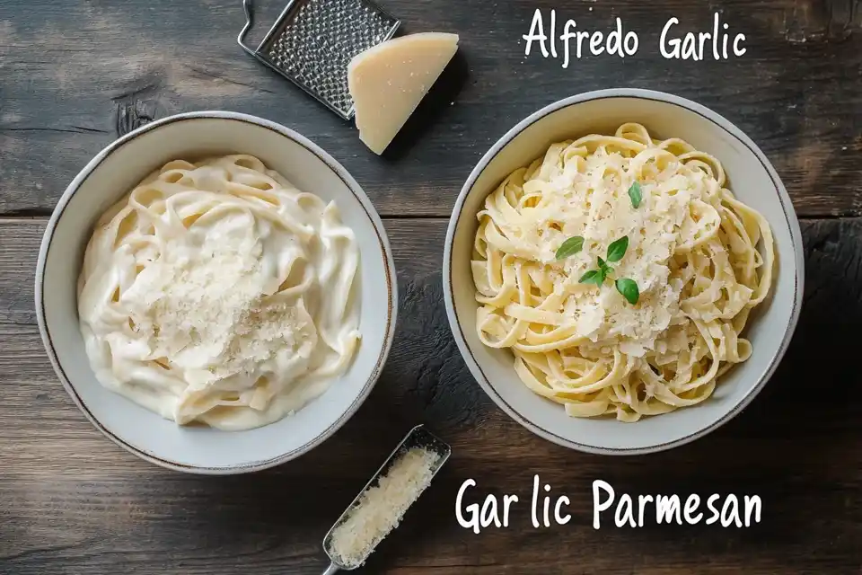 A top-down view of Alfredo and Garlic Parmesan pasta dishes, highlighting the differences in color and texture