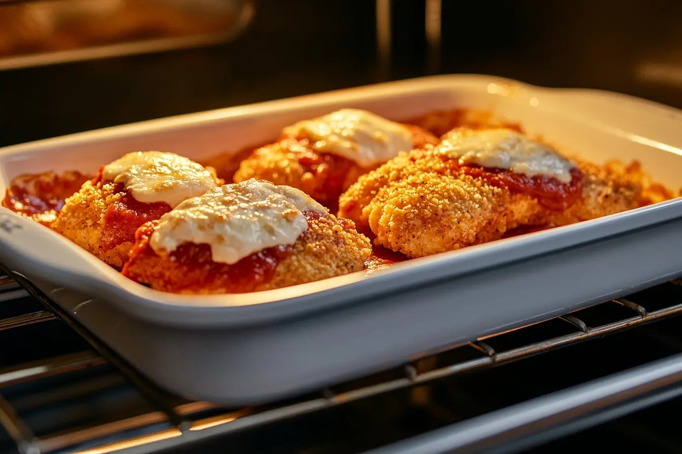 Chicken Parmigiana being assembled with marinara sauce and cheese in a baking dish."