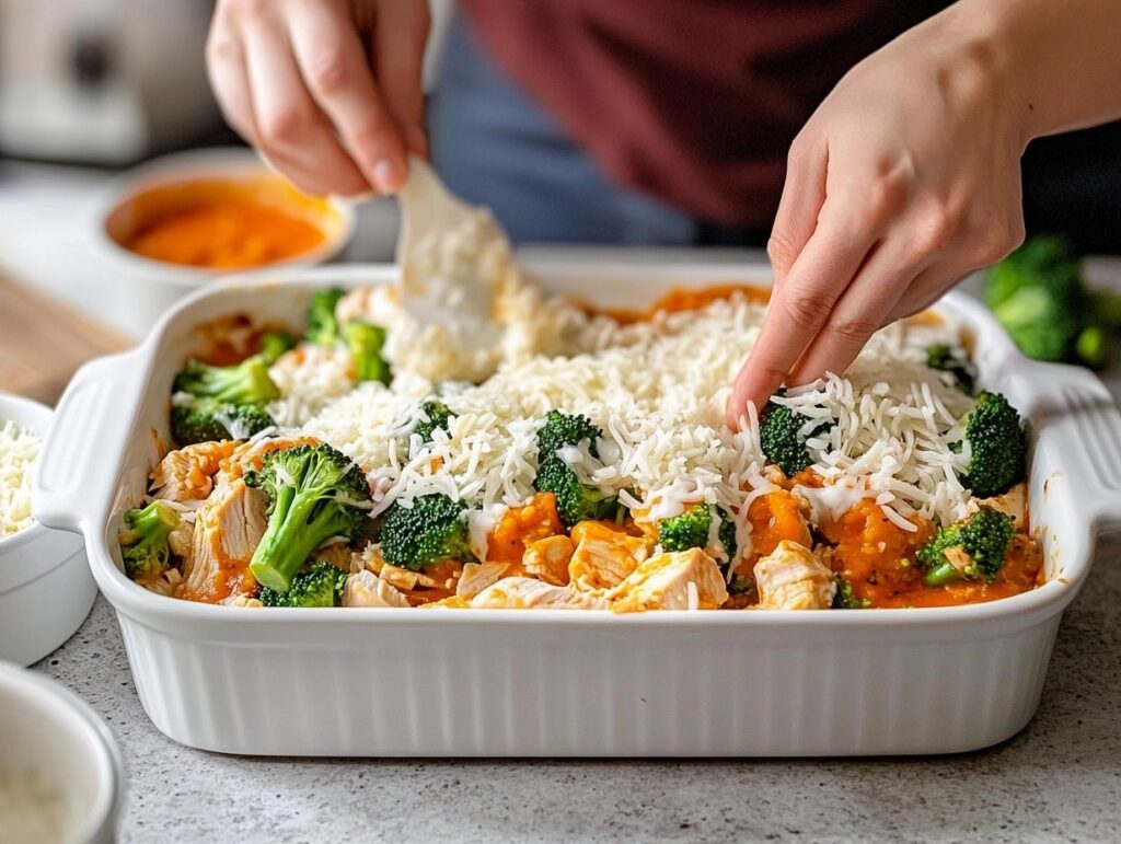 A cook assembling chicken broccoli rice casserole in a modern kitchen