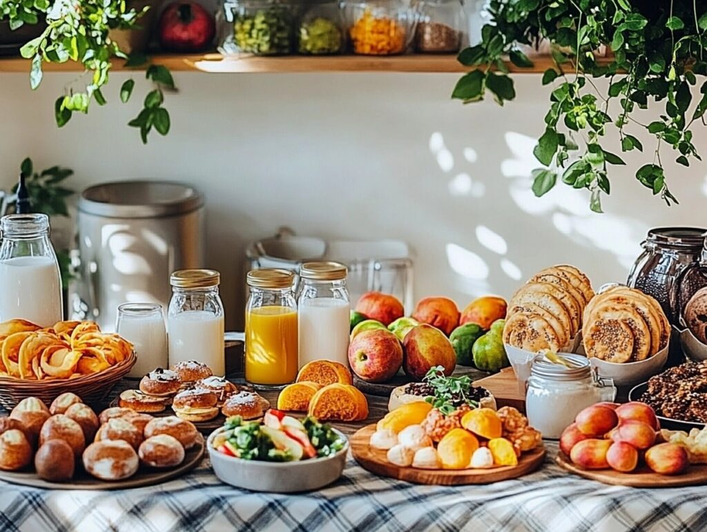 A variety of Breakfast Essentials products on a kitchen counter alongside fruits and milk.