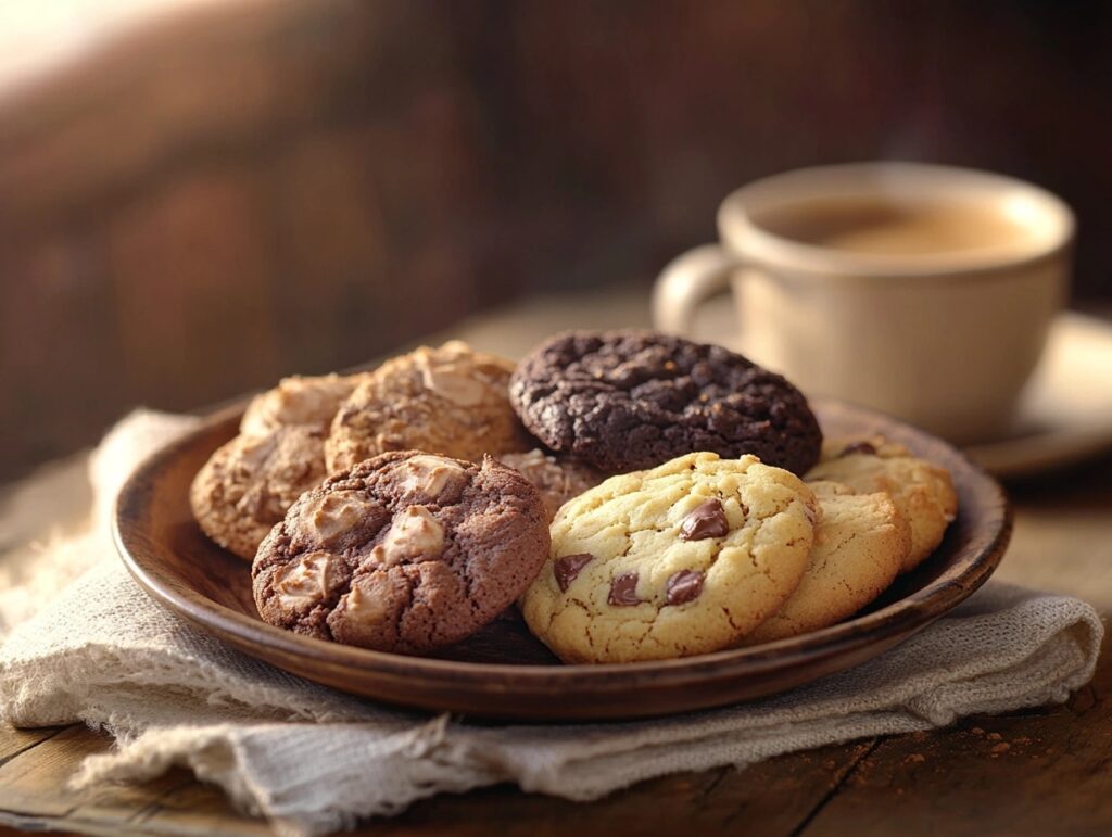 Assorted cookies, some whole and some crumbled, on a rustic plate with a cup of coffee in the background, in warm natural lighting