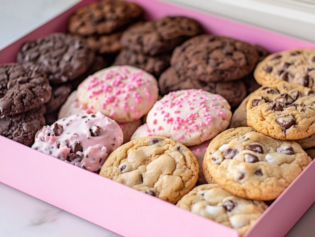 Close-up of Crumbl Cookies in a pink box, featuring an assortment of flavors like chocolate chip, sugar cookie, and frosted treats on a kitchen counter