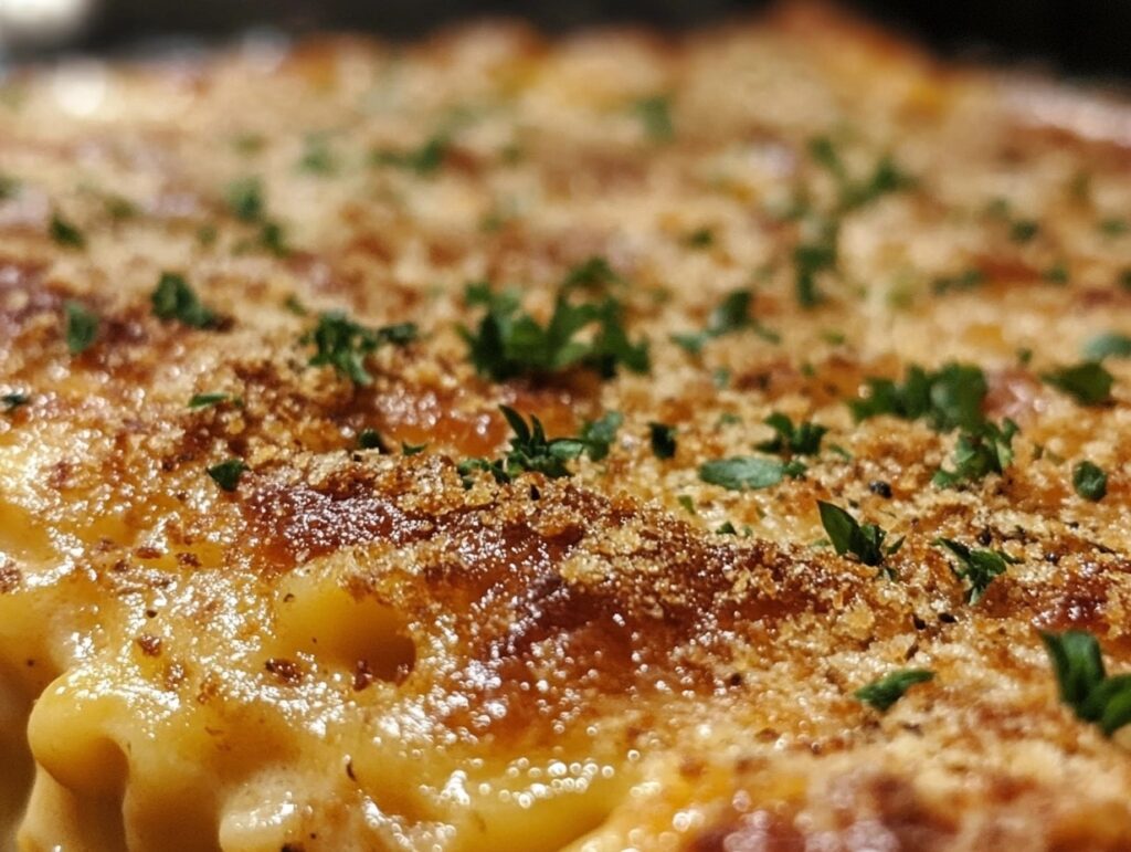 Golden baked mac and cheese with a breadcrumb crust in a casserole dish