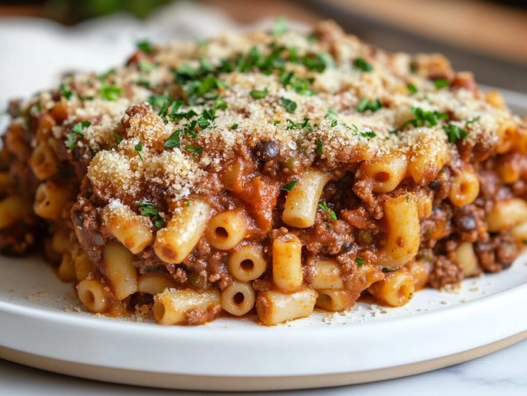 A steaming bowl of beefaroni topped with fresh parsley.