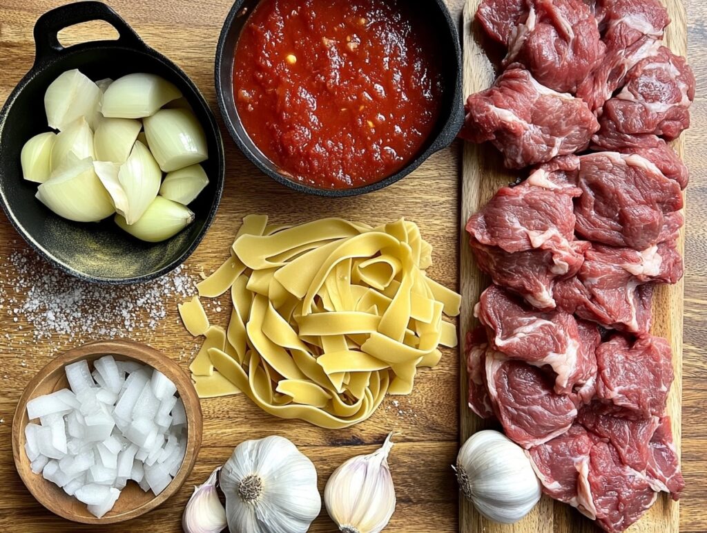 Ingredients for beefaroni arranged on a wooden countertop