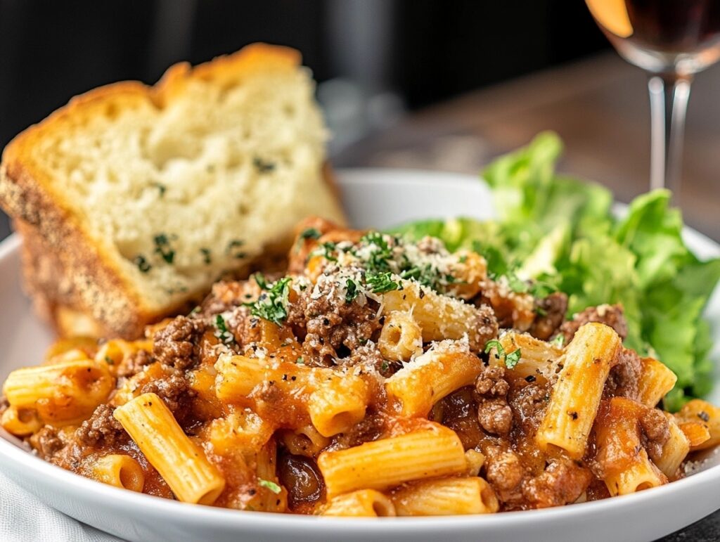 Beefaroni served with garlic bread and salad on a table setting