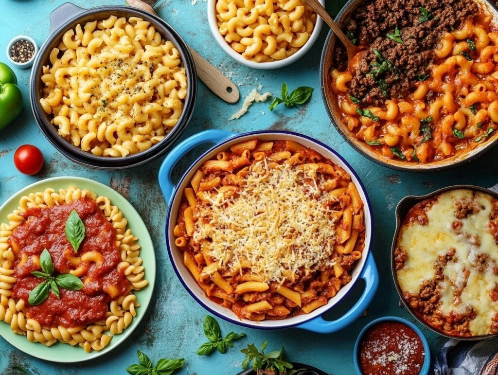 A variety of beefaroni dishes, including baked and vegan options.