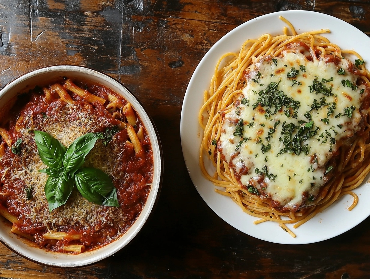 A bowl of spaghetti with marinara sauce next to beefaroni with chees