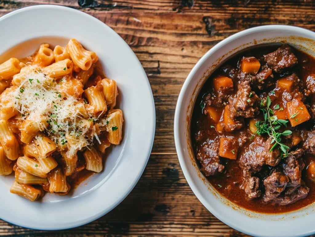 A side-by-side comparison of beefaroni and Hungarian goulash.