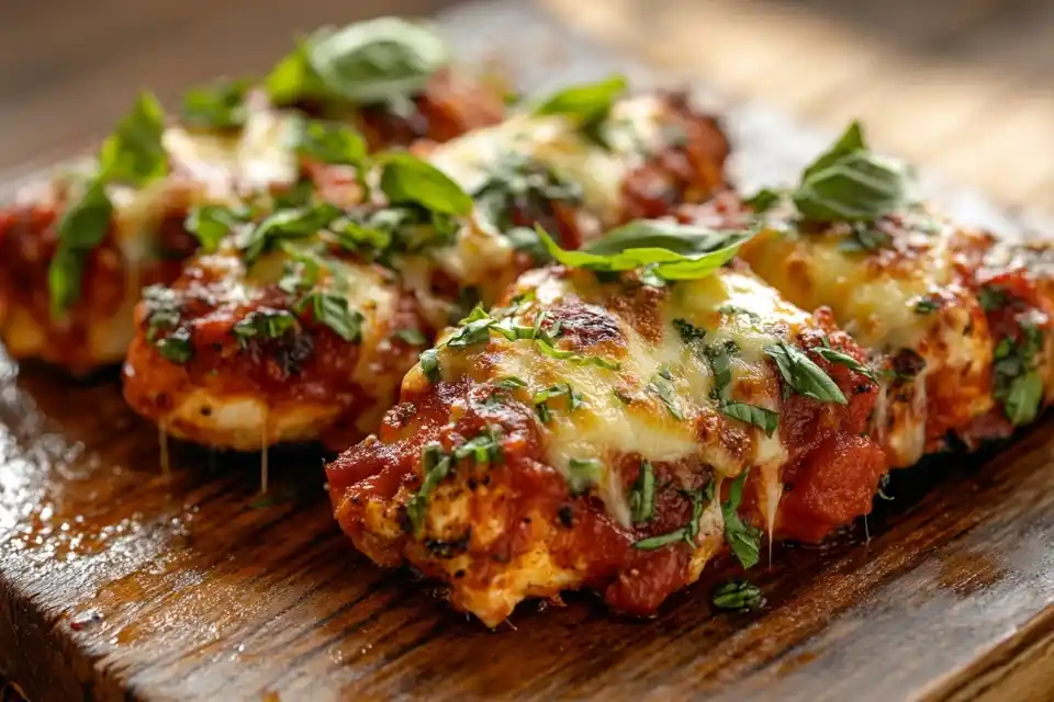 Homemade Chicken Parmesan with golden melted cheese and fresh basil