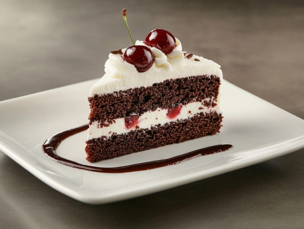 A slice of black forest cake with whipped cream and cherry filling on a white plate