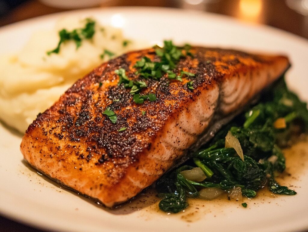 Blackened salmon fillet with sautéed greens and mashed potatoes on a white plate.