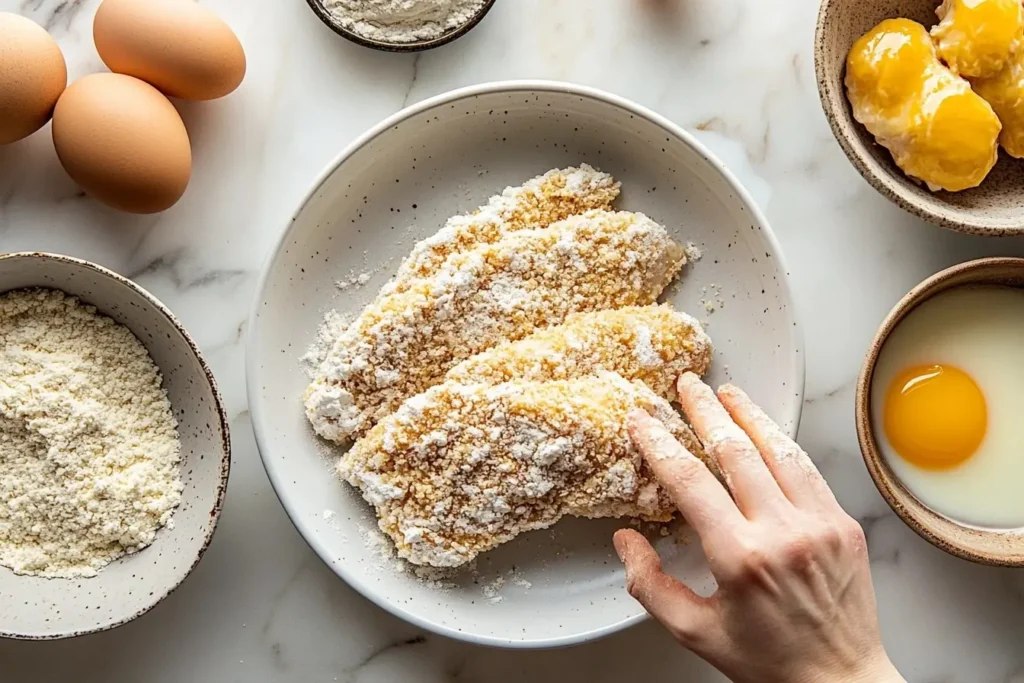 Breading chicken with flour, egg wash, and breadcrumbs for Chicken Parmigiana