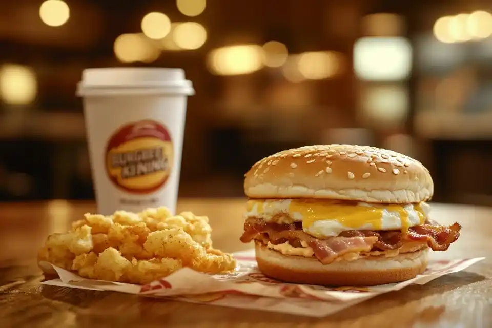 A Burger King Croissan’wich with bacon, eggs, and cheese, served with hash browns and coffee on a wooden table