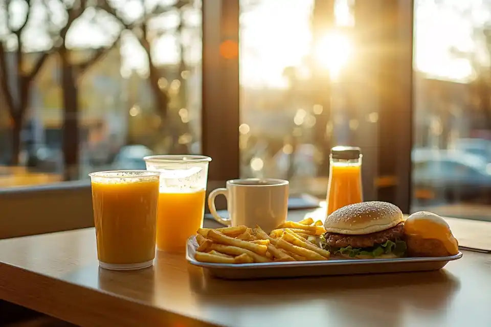 Burger King breakfast tray with a Croissan’wich, hash browns, and coffee in a sunlit restaurant