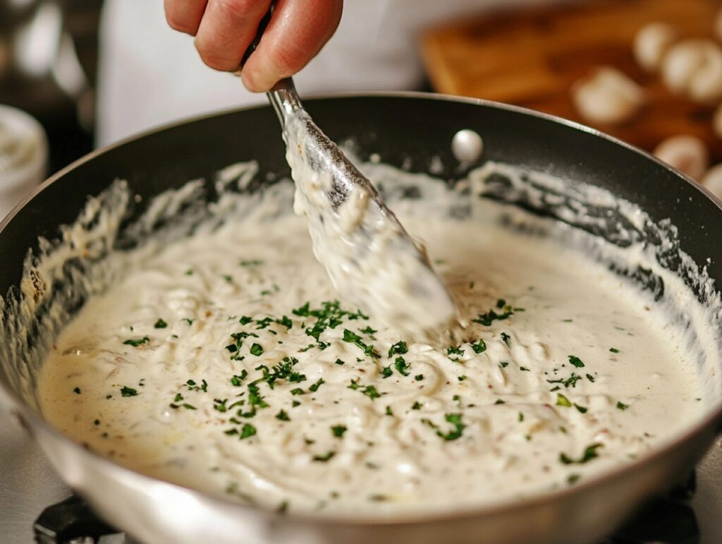 Chef stirring creamy garlic Parmesan sauce in a pan