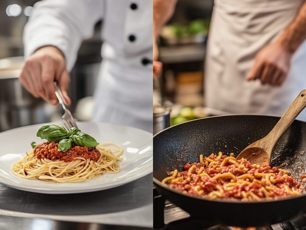 Chef making spaghetti and a cook preparing beefaroni in a skillet