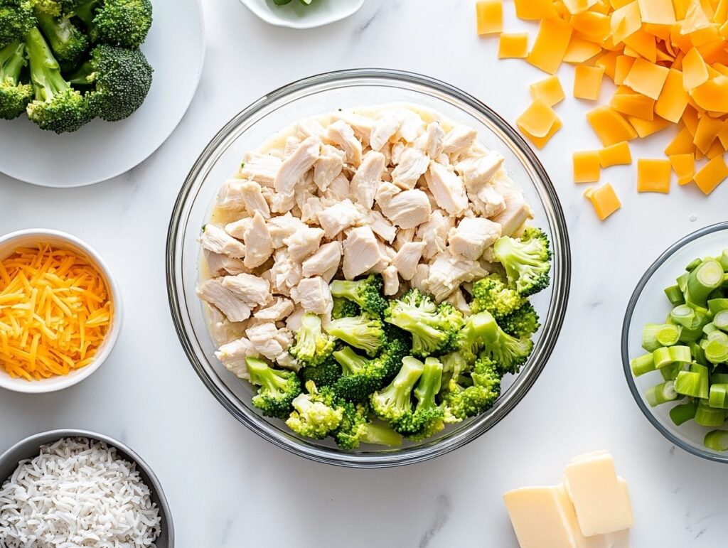  Ingredients for chicken broccoli rice casserole neatly arranged on a kitchen counter.