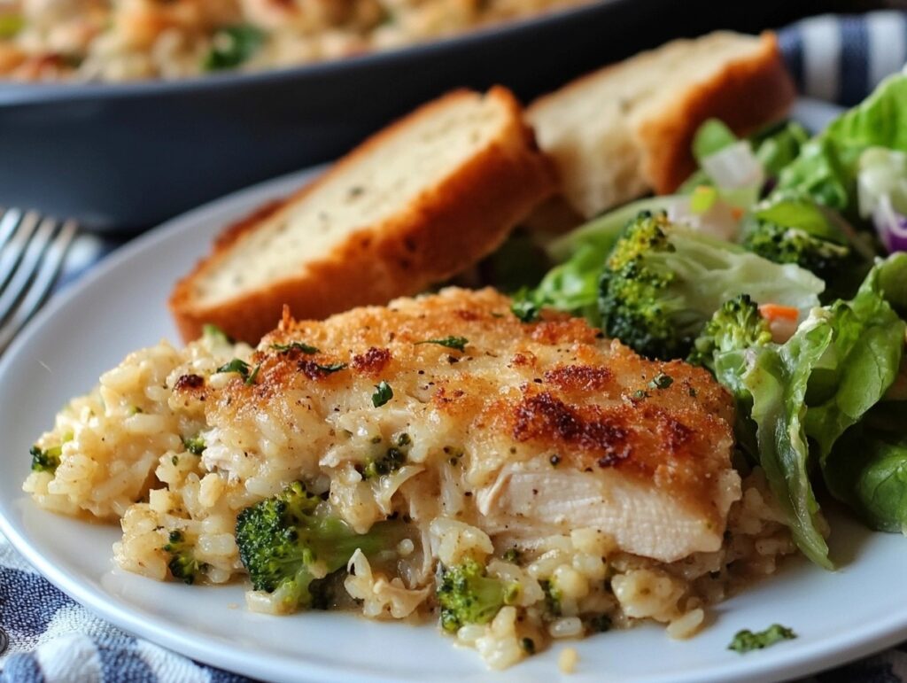 A slice of chicken broccoli rice casserole served on a plate with a side salad.