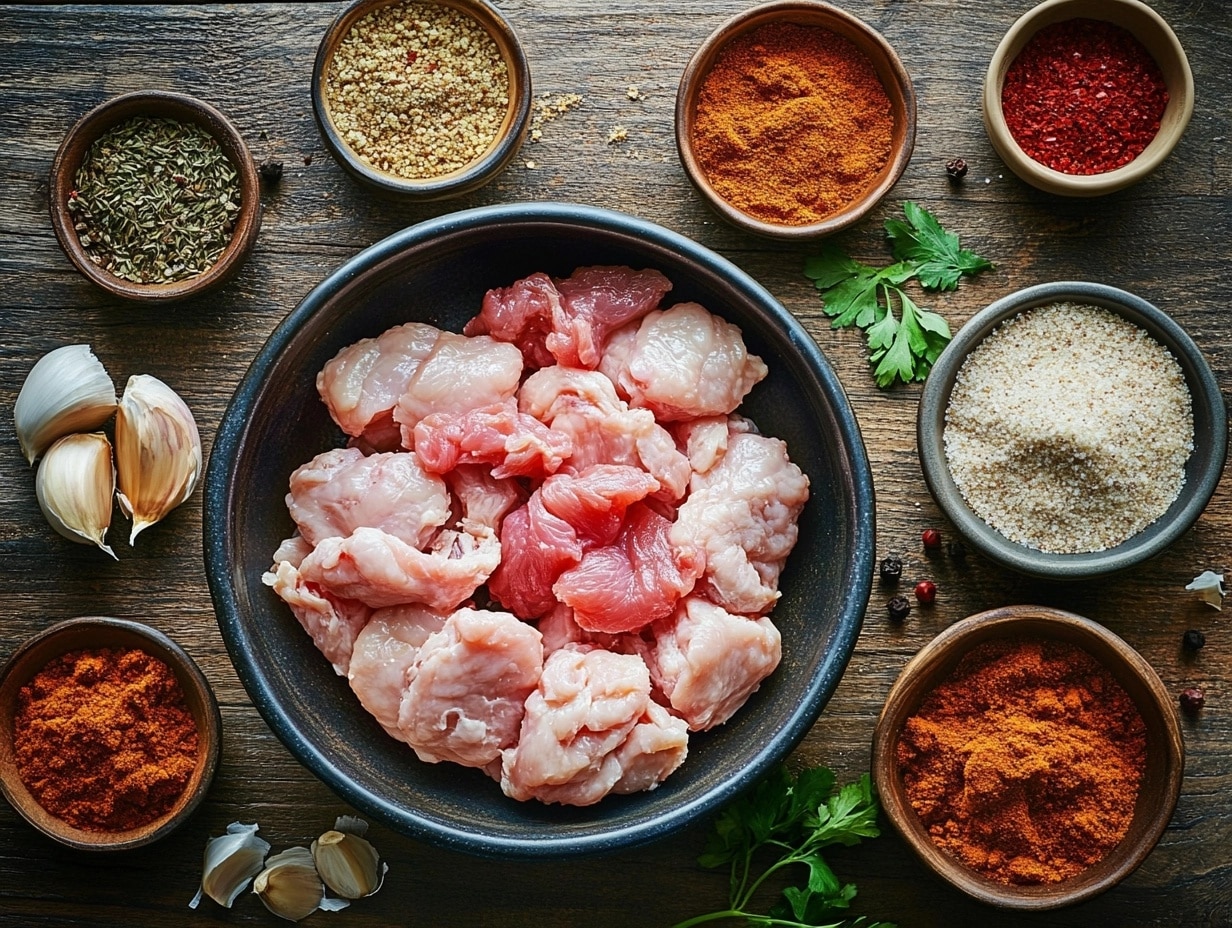 Ingredients for chicken fries: raw chicken, breadcrumbs, and spices like paprika and garlic powder on a wooden table