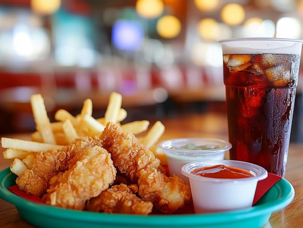 Fast-food chicken fries served with a soda and dipping sauces