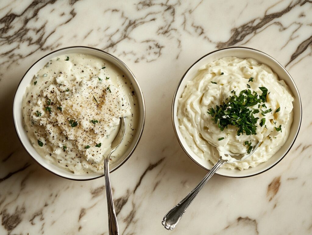 Serving spoons dipping into Alfredo sauce and garlic Parmesan sauce in bowls