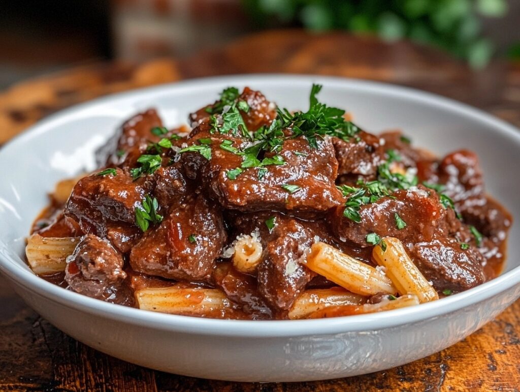 Beefaroni pasta with tomato sauce and beef in a white bowl.