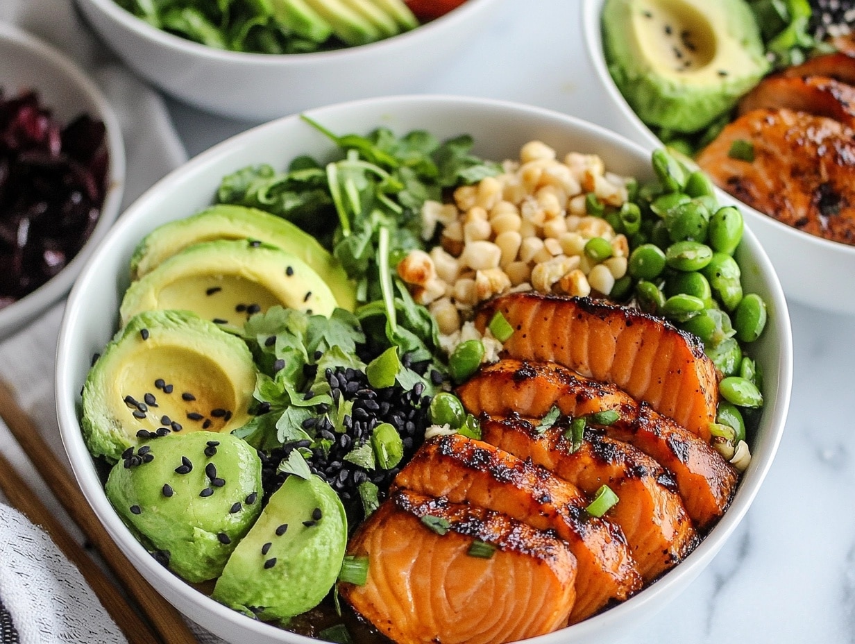 A beautifully arranged salmon bowl with rice, vegetables, and sauce