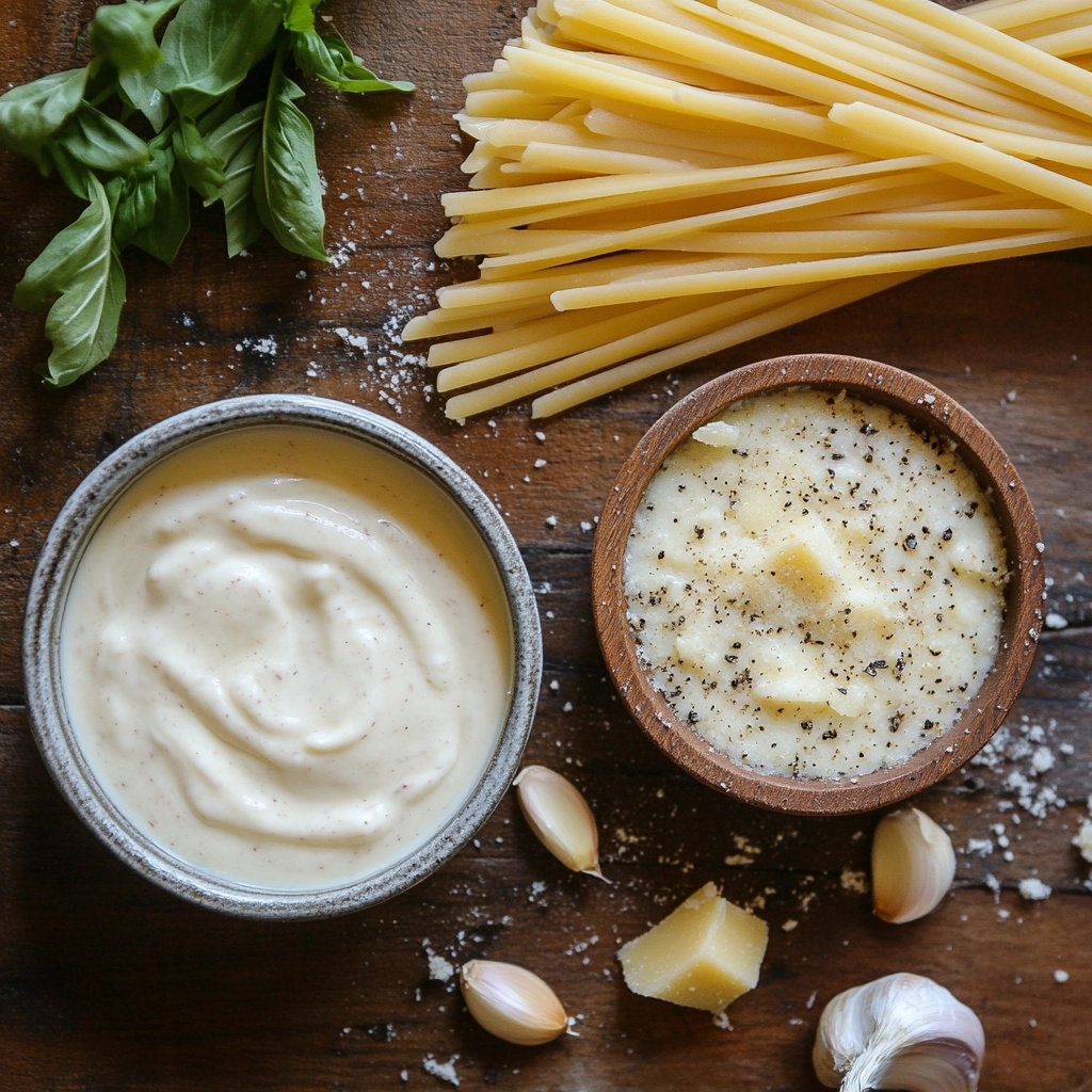 Side-by-side comparison of Alfredo sauce and garlic Parmesan sauce with pasta ingredients