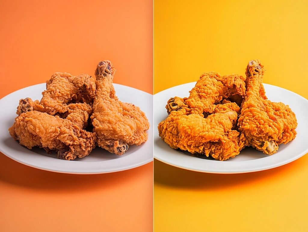 Two plates of reheated fried chicken, one soggy and one crispy, showing a clear comparison.