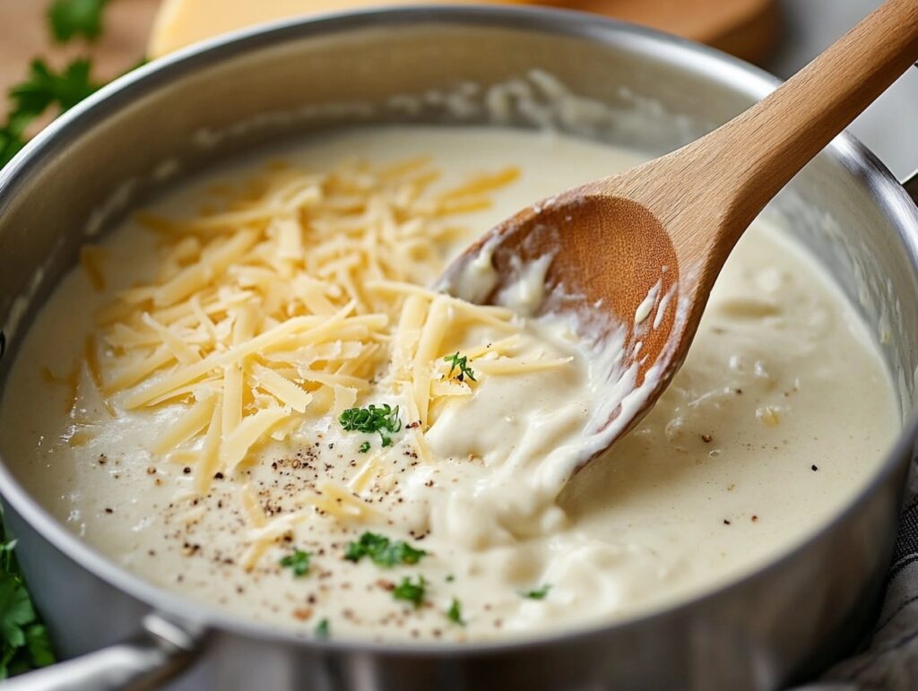 A saucepan with creamy cheese sauce being stirred with a wooden spoo