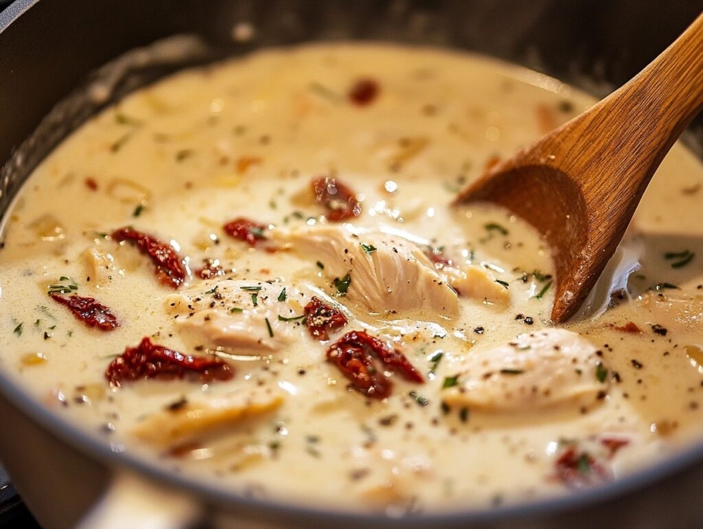 A pot of Marry Me Chicken Soup cooking with visible chicken and tomatoes