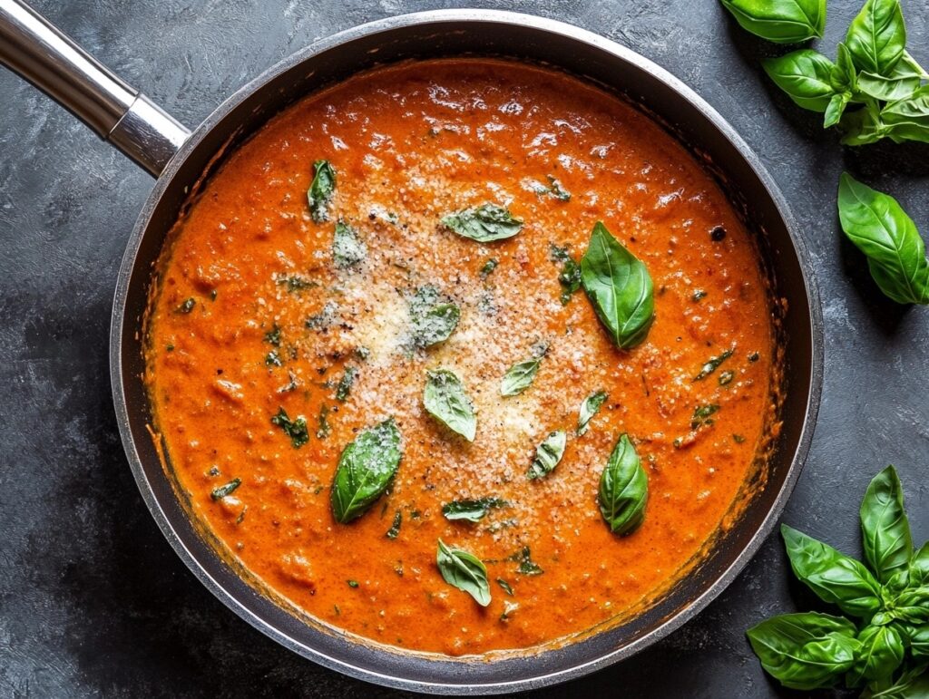 Creamy tomato sauce in a skillet with Parmesan being added