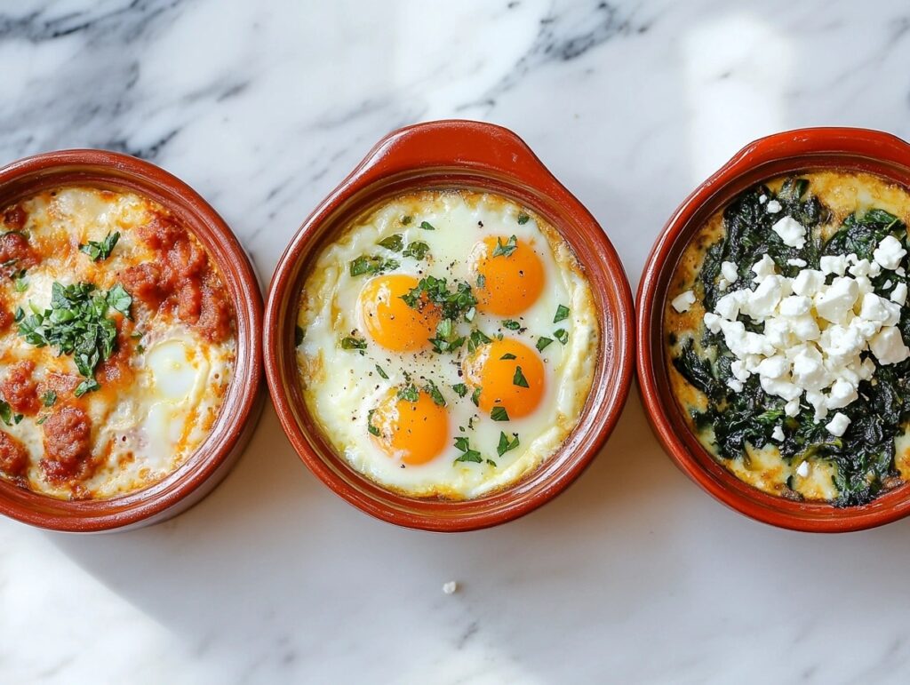 Three variations of Eggs in Purgatory, including sausage, vegetarian with spinach, and a feta cheese version.