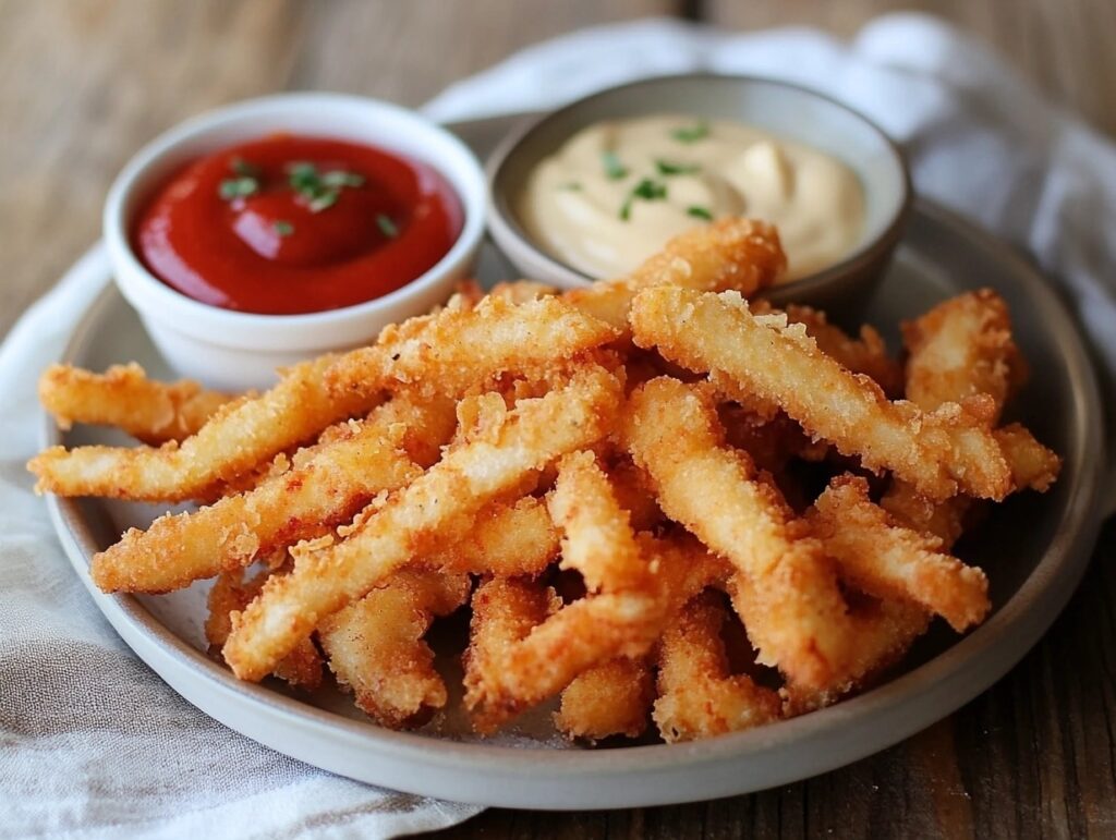 A plate of crispy chicken fries with ketchup and mayo