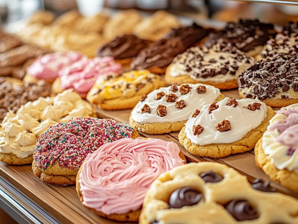 A tray of Crumbl Cookies in various flavors with colorful frosting in a bakery display.