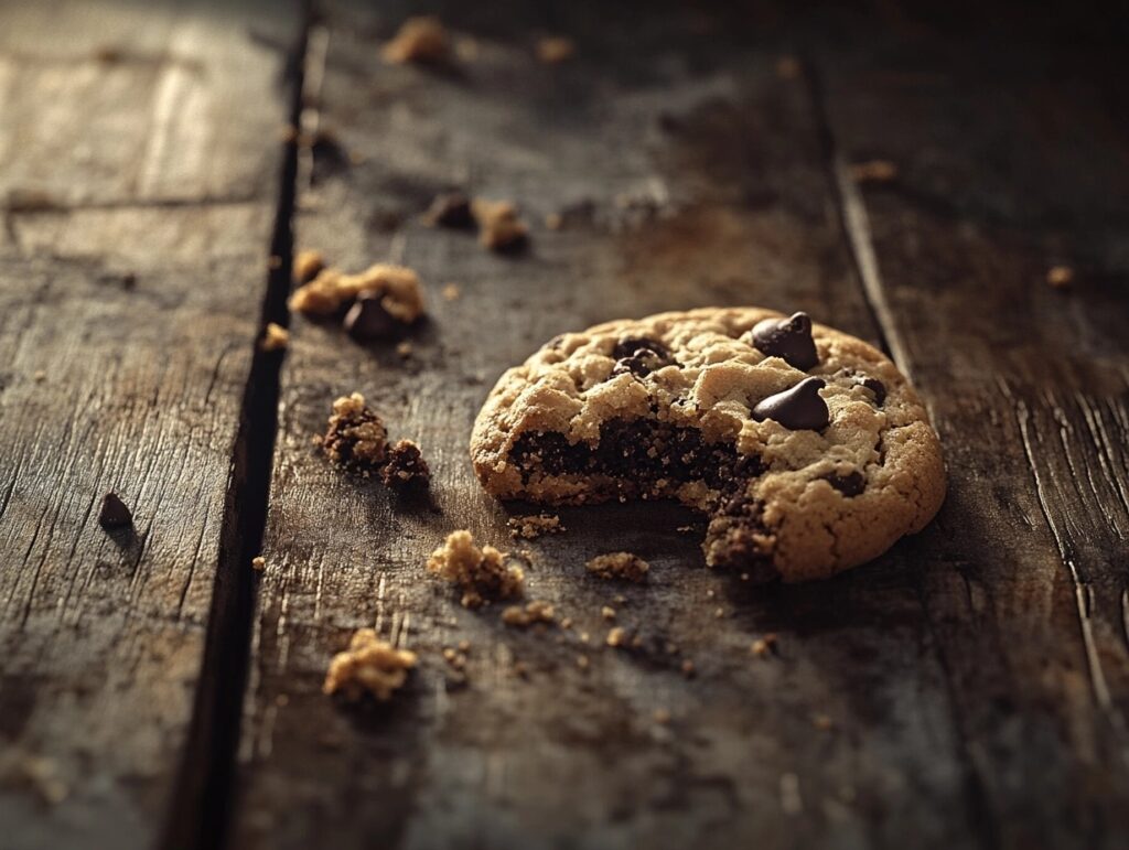 A crumbled chocolate chip cookie with crumbs scattered on a rustic wooden table.