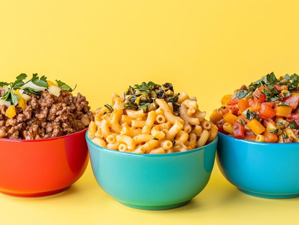 Three variations of beefaroni: classic, cheesy, and veggie-loaded, presented in vibrant bowls