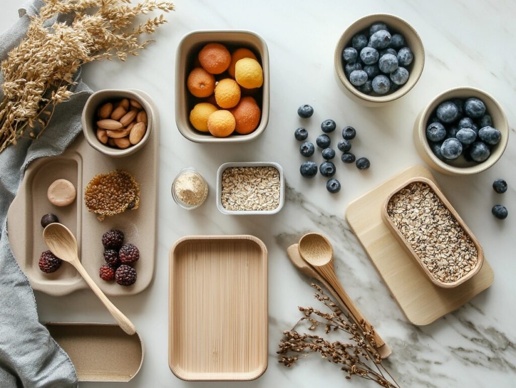 Sustainable breakfast setup with reusable containers and organic ingredients