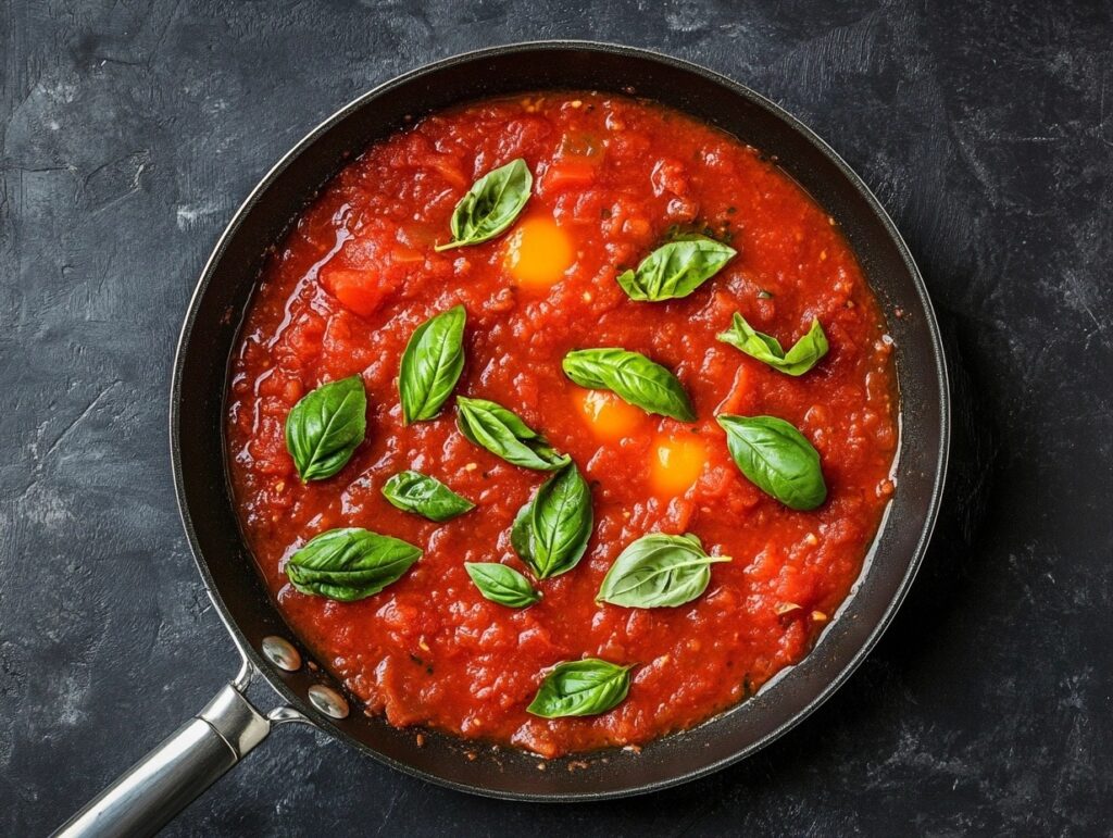 Eggs gently poaching in a skillet of rich, spicy tomato sauce with fresh basil leaves