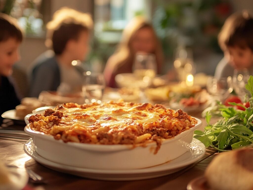 A family gathered around a table enjoying a large casserole dish of beefaroni, symbolizing comfort and togetherness.