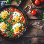 A skillet of shakshuka with poached eggs, tomato sauce, and fresh garnishes on a rustic wooden surface