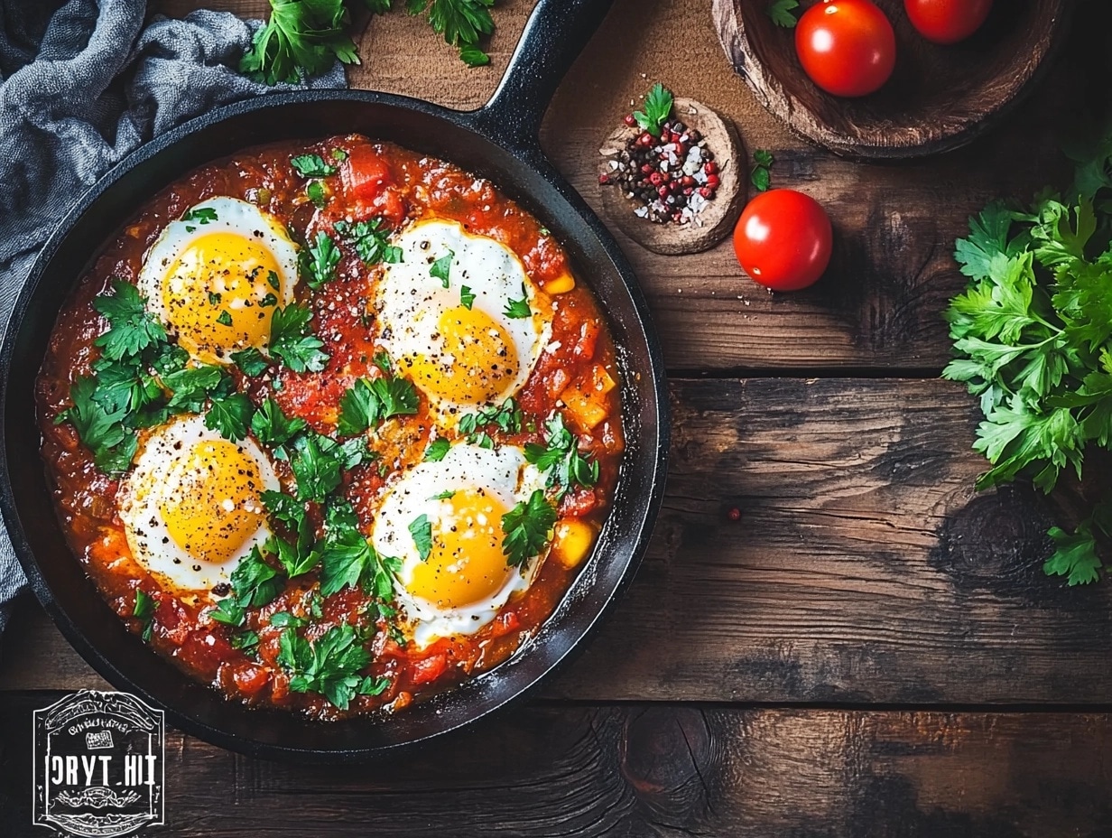 A skillet of shakshuka with poached eggs, tomato sauce, and fresh garnishes on a rustic wooden surface