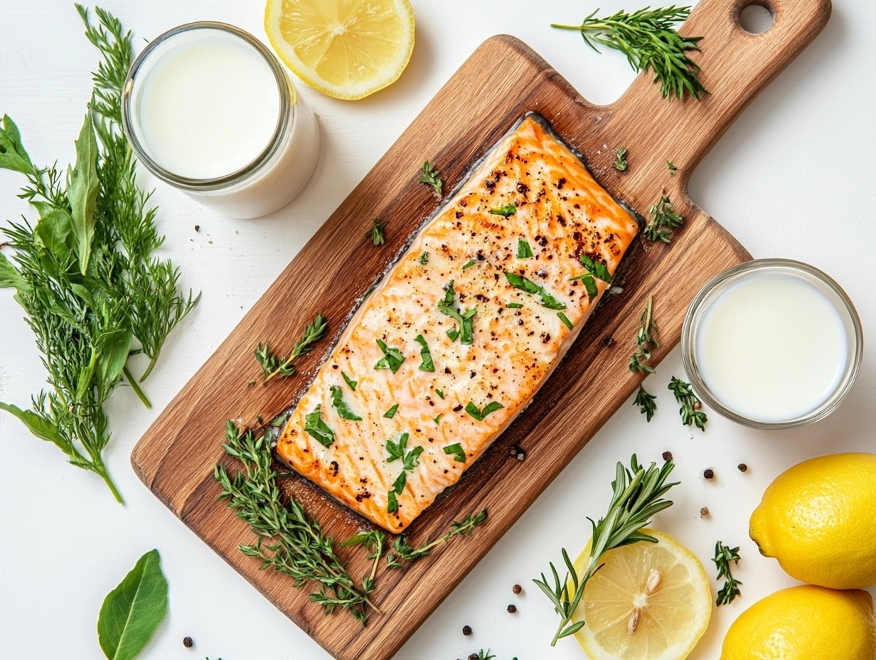 Fresh salmon fillet on a cutting board with milk and herbs